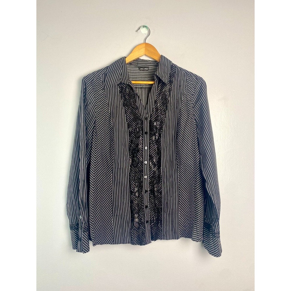 Gerry Weber Striped Button Down Lace Blouse Womens Large